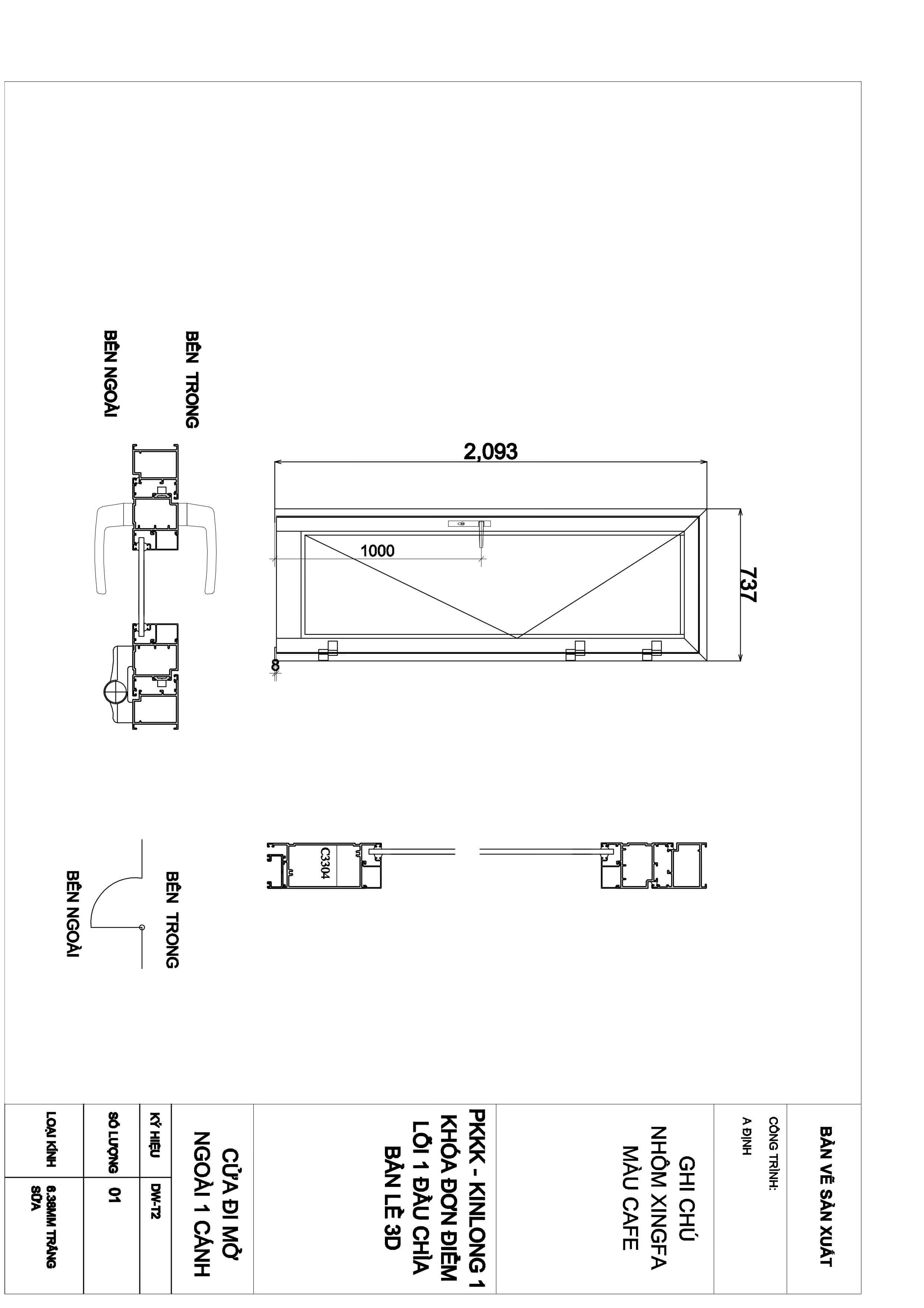 Bản vẽ cửa đi mở ngoài 1 cánh nhôm Xingfa màu cafe dùng khóa Kinlong và kính 8.38mm